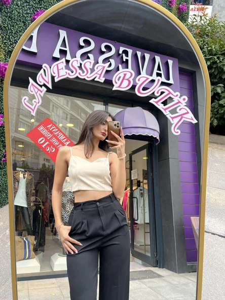 SATEN CROP BLUZ KREM RENK