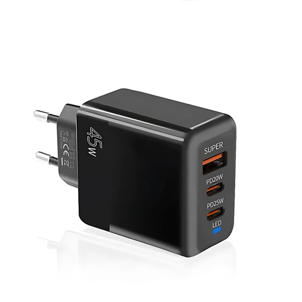 Polham 6A 45W 2x PD Type C 1x USB Şarj Başlığı, Universal Akıllı Şarj Adaptörü, Isı ve Akım Korumalı