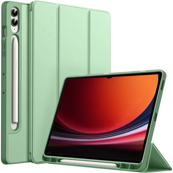 Samsung Galaxy Tab S9 Plus X810 12.4 İnç Kılıf Premium Silikon Kalem Bölmeli Smart Case  Yeşil