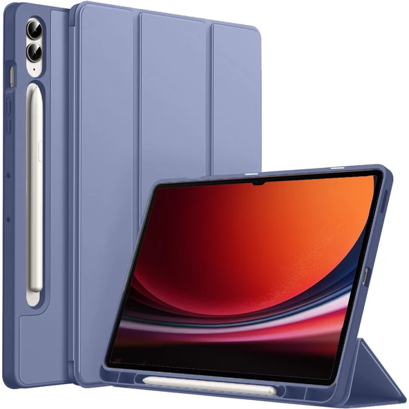 Samsung Galaxy Tab S9 Plus X810 12.4 İnç Kılıf Premium Silikon Kalem Bölmeli Smart Case  Lavanta