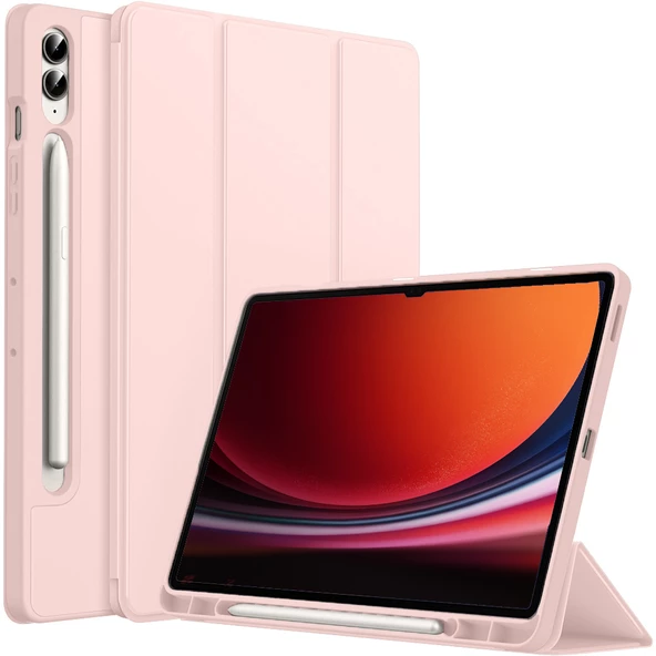 Samsung Galaxy Tab S9 Plus X810 12.4 İnç Kılıf Premium Silikon Kalem Bölmeli Smart Case  Pembe