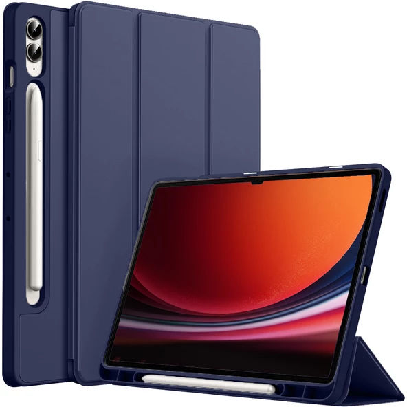 Samsung Galaxy Tab S9 Plus X810 12.4 İnç Kılıf Premium Silikon Kalem Bölmeli Smart Case  Lacivert