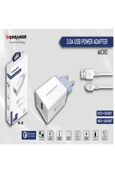 SPRANGE M-30 3,0 Amper Micro Şarj Usb Data Kablo Şarj Başlığı Ve Şarj Kablosu