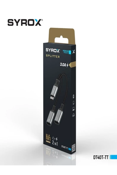 Syrox DT40T-TT 3.0A Type-C / Type-C / Type-C Dönüştürücü Kulaklık Şarj Dönüştürücü Hasır Kablolu