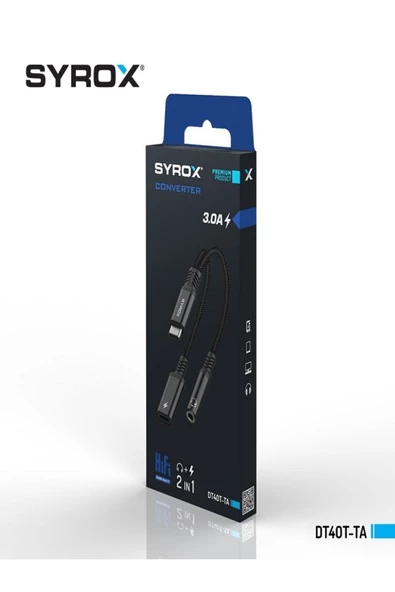 Syrox DT40T-TA 3.0A Type-C / Type-C / Aux Dönüştürücü Kulaklık Şarj Dönüştürücü Hasır Kablolu