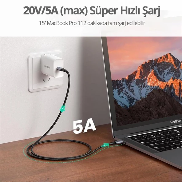 UGREEN TYPE-C 100W 5A QC PD ÖRGÜLÜ HIZLI ŞARJ KABLOSU 1 MT SİYAH 70427 - 3