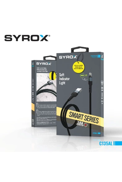 Syrox iPhone 13 Pro Max  UYUMLU SYROX C135AL USB TO LİGHTNİNG LED IŞIKLI, 2.4 HIZLI ŞARJ KABLOSU