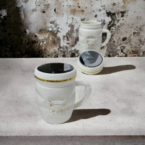 Ayna Kapaklı Panda Desenli Porselen Kupa Bardak Beyaz Kupa Bardak - 2