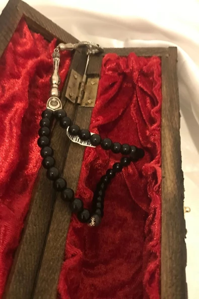 Tespih Obsidyen Doğal Taş Tesbih Gümüş İmameli Aura Taşı Ahşap Kutulu 6mm - 3