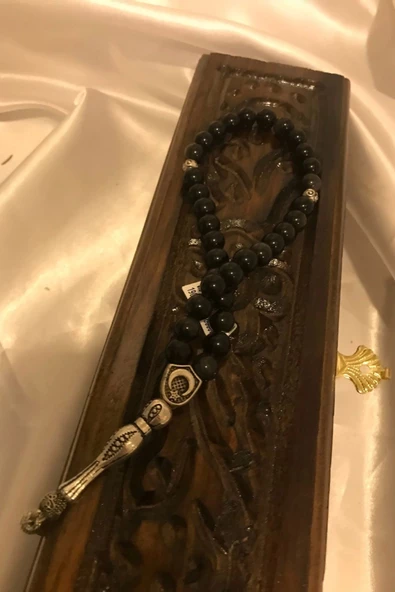 Tespih Obsidyen Doğal Taş Tesbih Gümüş İmameli Aura Taşı Ahşap Kutulu 6mm - 4