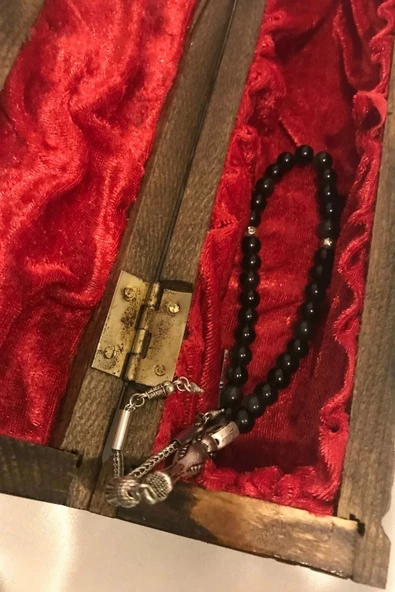Tespih Obsidyen Doğal Taş Tesbih Gümüş İmameli Aura Taşı Ahşap Kutulu 6mm - 5