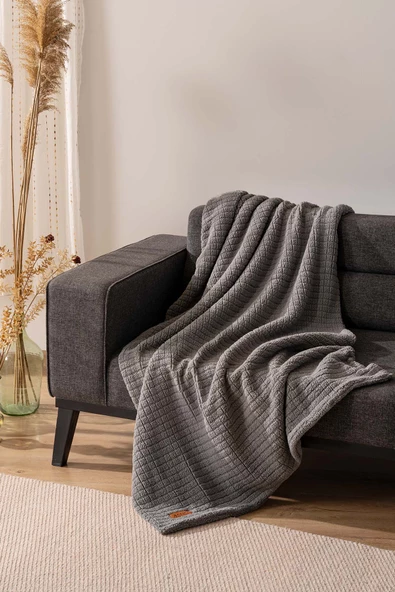 Rivaİstanbul Wellsoft Tek Kişilik Kareli Battaniye - Peluş Tv Battaniyesi 100x170 cm Gri