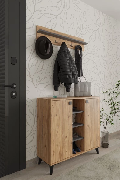 AYMOBSAN Akasya 2 Kapaklı Ayakkabılık, Vestiyer, Portmanto, Askılık, 90 cm