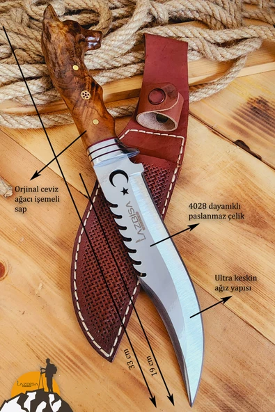 Ceviz İşlemeli Sap Outdoor Kamp Bıçağı Çakısı Kılıflı Piknik Bıçak Çakı Mutfak Bıçağı ( KMU-742 ) - 5