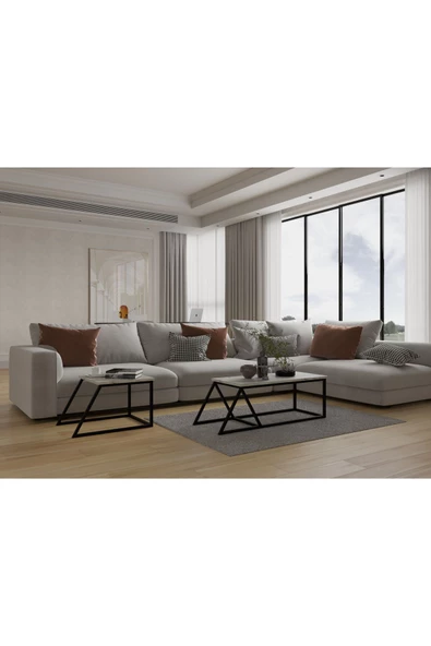 AYMOBSAN Prisma Orta Sehpa, Metal Ayak Masa, 2'li Zigon Sehpa, Mermer Desen - 2