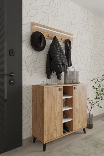 AYMOBSAN Akasya 2 Kapaklı Ayakkabılık, Vestiyer, Portmanto, Askılık, 90 cm