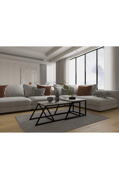 AYMOBSAN Prisma Orta Sehpa, Metal Ayak Masa, 2'li Zigon Sehpa, Mermer Desen