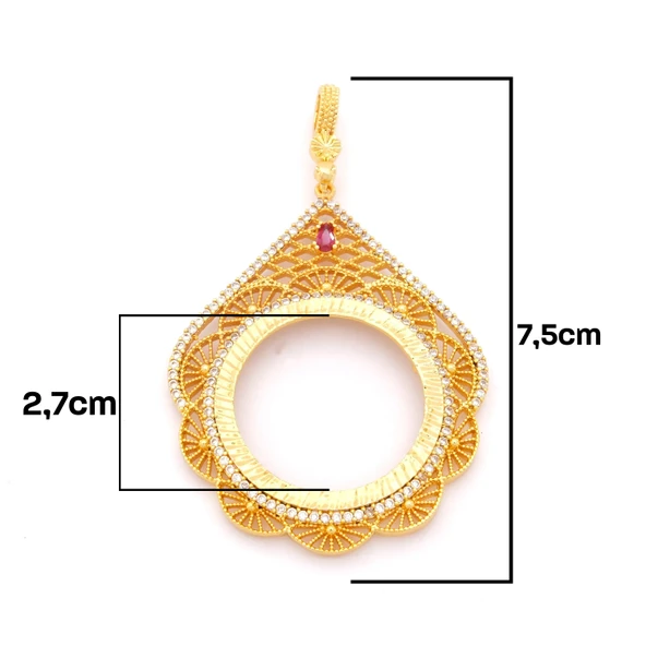 Tam Altın Çerçeveli Kolye​ Ucu Altın Kaplama İşlemeli TGR-595 - Resim 2