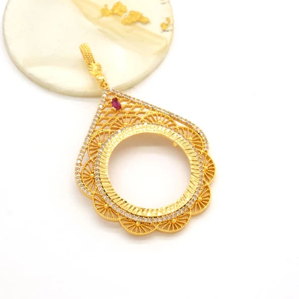 Tam Altın Çerçeveli Kolye​ Ucu Altın Kaplama İşlemeli TGR-595 - Resim 4