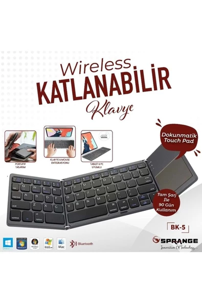 SPRANGE BK-5 Uyumlu Kablosuz Bluetooth TouchPad'li Şarj Edilebilir Katlanabilir Klavye 55469