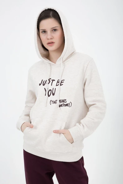 Kadın Baskılı Kapüşonlu Sweat Ekru - 5