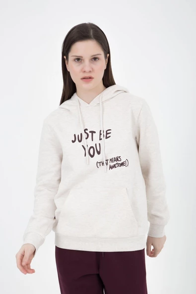 Kadın Baskılı Kapüşonlu Sweat Ekru - 3