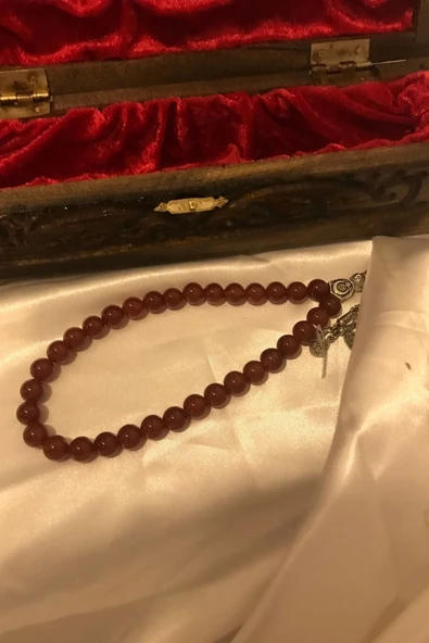 Tespih Akik Doğal Taş Tesbih Gümüş İmameli Ahşap Kutulu 8mm Akik - 3
