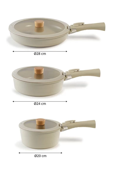 NEOFLAM Midas Bej 9 Parça Ayrılabilen Saplı İç İçe Geçebilen Tencere Tava Seti - Resim 3