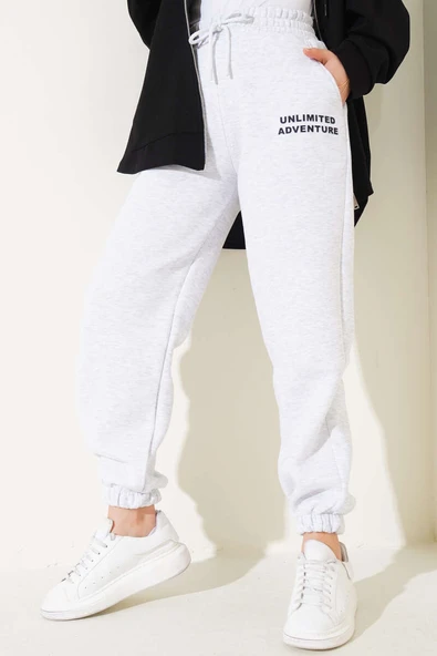 Üç İplik Paça Lastikli Jogger Pantolon Gri - 2