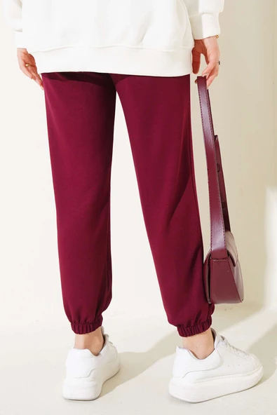 Bel İpli Paça Lastikli Jogger Pantolon Bordo - Resim 3