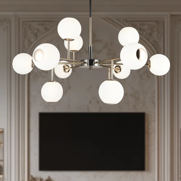 Apliqa Sofia 12'li Siyah Gold 100 Watt Yuvarlak Modern Oturma Odası, Salon Avize ürün görseli