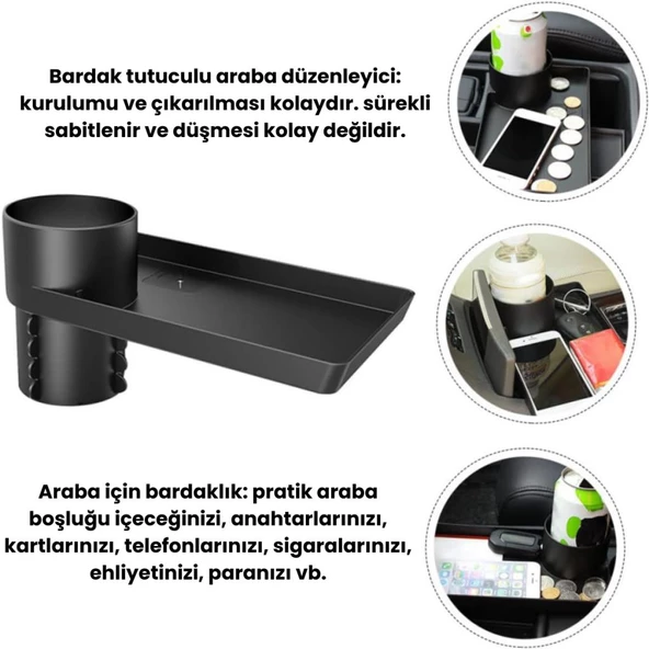 Polham Araç İçi Bardak Tutucu ve Tepsi Standı, Çok Amaçlı Yemek, Cüzdan, Para Tepsisi ve Bardak Tutucu - 2