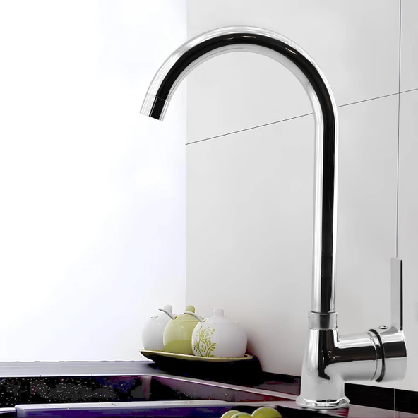 Lara Uzun Kuğu Batarya Krom Lavabo Banyo Mutfak Musluğu Musluk Mermer Tezgah Üstü Çift Su Giriş Evye - 2