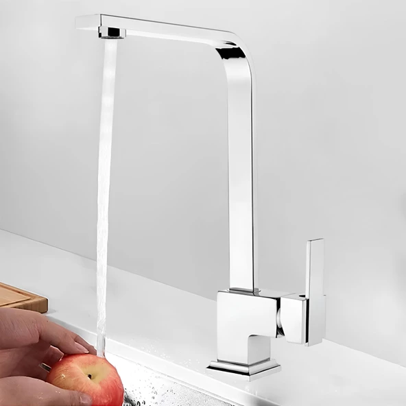 Side Kısa Kuğu Batarya Krom Lavabo Banyo Mutfak Musluğu Musluk Mermer Tezgah Üstü Çift Su Giriş Evye - 2