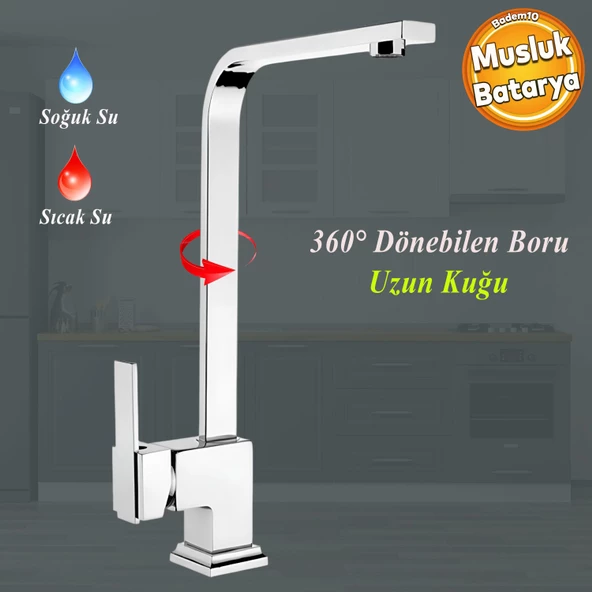 Side Uzun Kuğu Batarya Krom Lavabo Banyo Mutfak Musluğu Musluk Mermer Tezgah Üstü Çift Su Giriş Evye