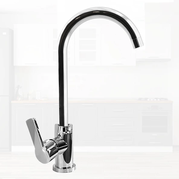 Polo Uzun Kuğu Batarya Krom Lavabo Banyo Mutfak Musluğu Musluk Mermer Tezgah Üstü Çift Su Giriş Evye - 5