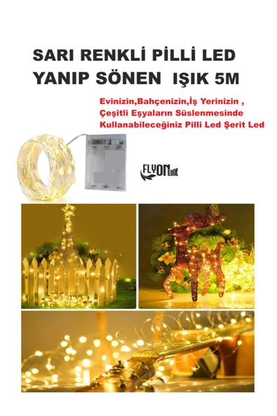 SARI IŞIKLI YANIP SÖNEN PİLLİ LED IŞIK 5M EV, BAHÇE, OFİS , ÇEŞİTLİ EŞYA SÜSLEME LED ŞERİT IŞIK - 2