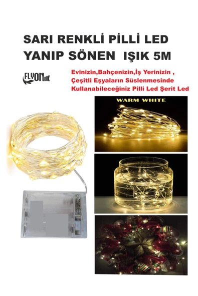 SARI IŞIKLI YANIP SÖNEN PİLLİ LED IŞIK 5M EV, BAHÇE, OFİS , ÇEŞİTLİ EŞYA SÜSLEME LED ŞERİT IŞIK - 4