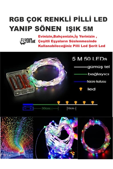 RGB  ÇOK IŞIKLI YANIP SÖNEN PİLLİ LED IŞIK 5M EV, BAHÇE, OFİS , ÇEŞİTLİ EŞYA SÜSLEME LED ŞERİT IŞIK - 2