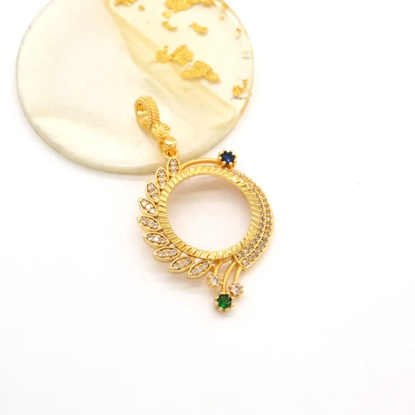 Yarım Altın Çerçeveli Kolye Ucu Altın Kaplama Yuvarlak TGR-618 - Resim 3