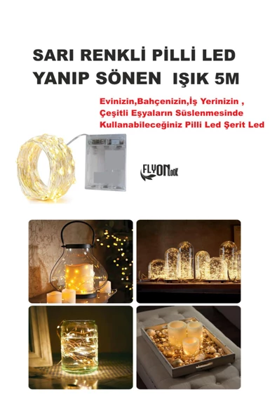 SARI IŞIKLI YANIP SÖNEN PİLLİ LED IŞIK 5M EV, BAHÇE, OFİS , ÇEŞİTLİ EŞYA SÜSLEME LED ŞERİT IŞIK