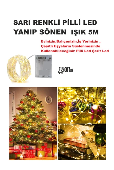 SARI IŞIKLI YANIP SÖNEN PİLLİ LED IŞIK 5M EV, BAHÇE, OFİS , ÇEŞİTLİ EŞYA SÜSLEME LED ŞERİT IŞIK - 3