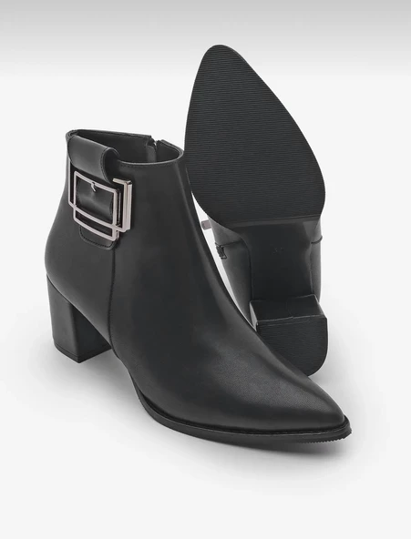 Potinonline K1754 Kadın Sivri Burun Tokalı Kalın Topuk Kısa Bot - 4