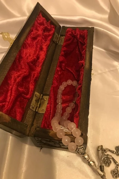 Tespih Pembe Kuvars Doğal Taş kuars Tesbih Gümüş İmameli Ahşap Kutulu Pembe Quarts - 3