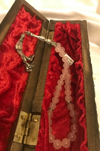 Tespih Pembe Kuvars Doğal Taş kuars Tesbih Gümüş İmameli Ahşap Kutulu Pembe Quarts - 4