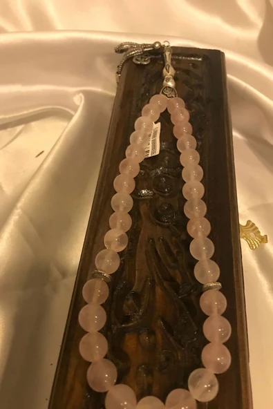 Tespih Pembe Kuvars Doğal Taş kuars Tesbih Gümüş İmameli Ahşap Kutulu Pembe Quarts - 2