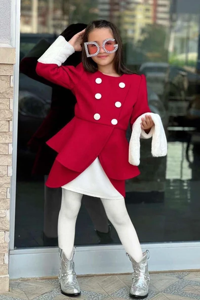 Kız Çocuk Kol Uçları Peluş Detaylı Kırmızı Kaşe Kabanlı Takım - 2