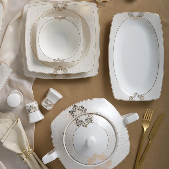GÜRAL PORSELEN Caroline 85 Parça 12 Kişilik Kare Yemek Takımı 6600 - Resim 4