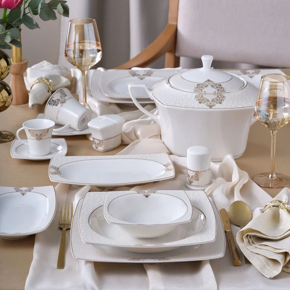 GÜRAL PORSELEN Caroline 85 Parça 12 Kişilik Kare Yemek Takımı 6600 ürün görseli 1