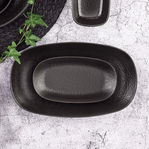 GÜRAL PORSELEN Enternasyonel 2 Parça 24 cm Kayık Tabak Siyah Mat Desenli 515 ürün görseli 1